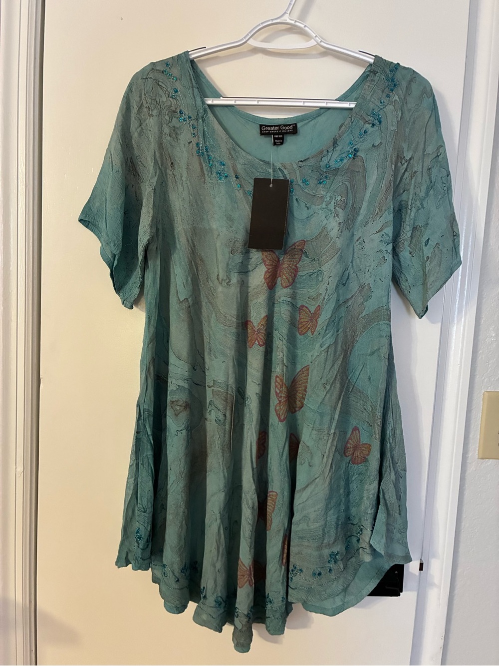 Teal Butterfly Scoop Neck Women’s Tunic Top or Short Dress